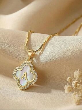 Gold Initial 'A' Mother-of-Pearl Pendant Seed Chain Necklace